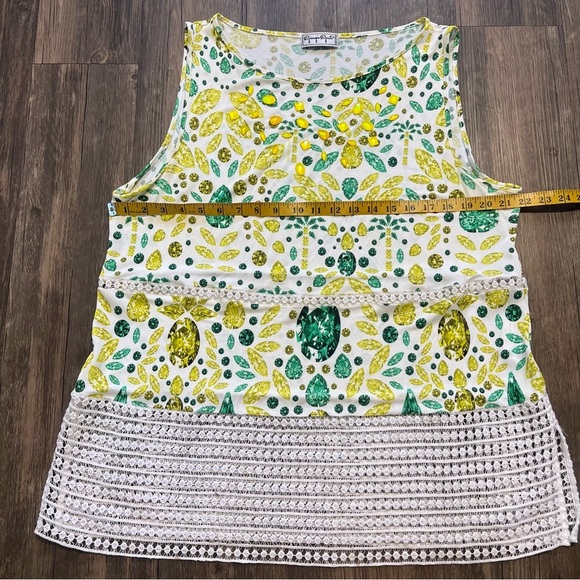 Giorgio Grati Vtg White Green Leaves Pattern Bedazzled Sleeveless Viscose Top XL - Picture 13 of 14